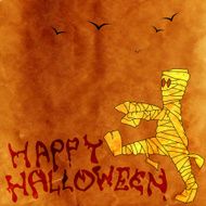 Scary cartoon pacing mummy flying birds and &#039;Happy halloween&#039; lettering