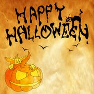 Scary cartoon goblin holding big pumpkin black cat flying birds