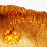 &#039;Happy halloween&#039; scary cartoon goblin holding big pumpkin