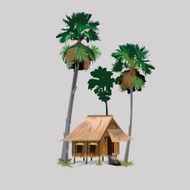 palm trees with hut in asian countryside- vector illustration