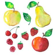 watercolor fruit set with a cherry apple strawberry pear