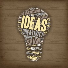 Word Cloud - Creativity Ideas Light Bulb on Wood N2