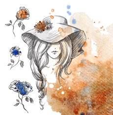 girl in a hat on watercolor background N2