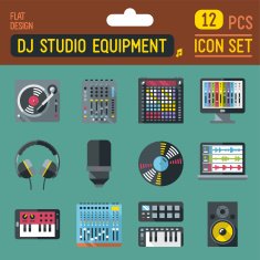 Dj music studio equipment icon set Vector trendy illustrations