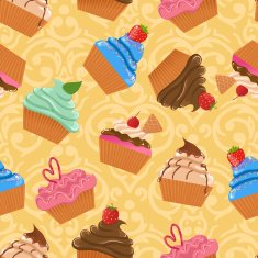 Vector seamless yellow pattern with cupcakes