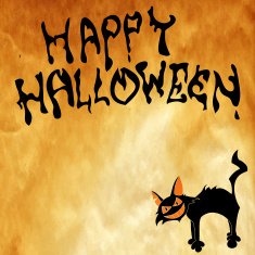 Scary cartoon black cat and 'Happy halloween' lettering