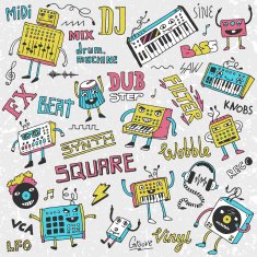 Midi controllers synthesizers doodles Hand drawn vector illustration