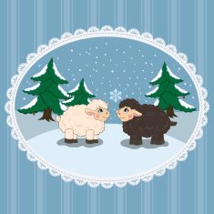 Illustration with small lambs admiring snow N2