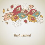 Retro greeting card with colorful feathers N2