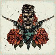 Skeleton with two revolvers on abstract background