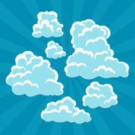 Set of cartoon clouds on sky and rays