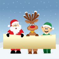 Happy Santa Reindeer and Elf Holding Banner for Your Text! N2