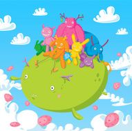 Monster Characters Riding Giant Green Blob in Cloudy Sky