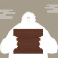 Wooden yeti sign board character fur ball illustration