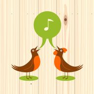 Eco-note birds singing together on pine wood illustration
