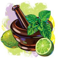 Mortar with Fresh Mint and Lemon