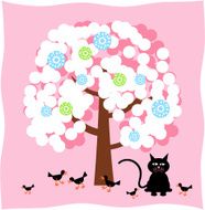 Cute puff tree with cat and birds