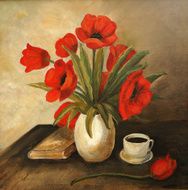 Oil painted tulip flowers arrangement with book and coffee N2