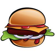 Cartoon delicious classic American cheese burger with vegetables