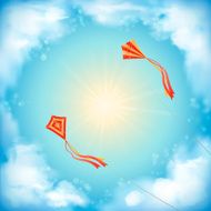Sky vector design white clouds sun flying kites