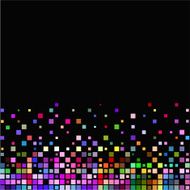 Colored squares on a black background scatter to the top