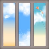 Vector sky banners with white clouds flying kite