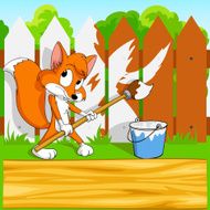 Little cartoon fox with paintbrush and on fence background
