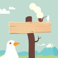 Nature sign bird and pipe smoker character illustration
