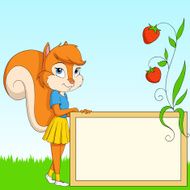 Cartoon furry squirrel with board on grass