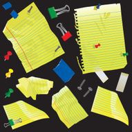 Yellow paper pins tape and clips