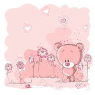 Pink cute bear holding a flower
