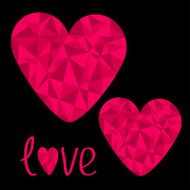 Two pink hearts Polygonal effect Love card Black background N2