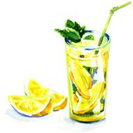 glass of lemonade with mint watercolor painting N2