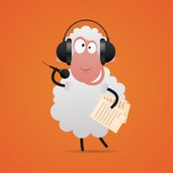 Cheerful sheep in headphones singing microphone