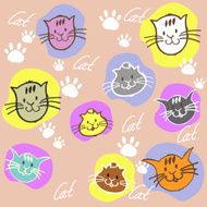 Seamless set different colors cats with inscription and paw prin