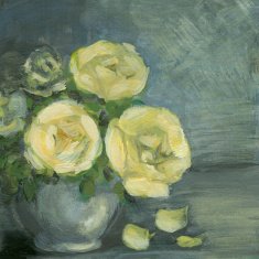 Acrylic painted yellow roses arrangement in ceramic vase