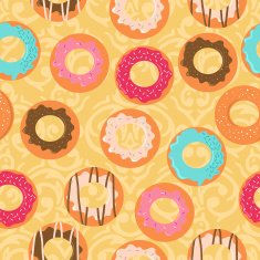 Seamless vector yellow background with different donuts N2