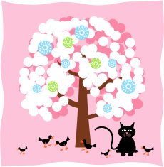 Cute puff tree with cat and birds