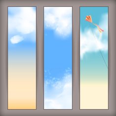 Vector sky banners with white clouds flying kite