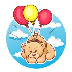 teddy bear flies on balloons