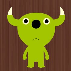 Green horned character on wooden background