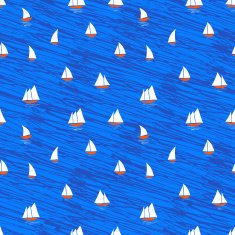 Nautical pattern with small boats on blue waves