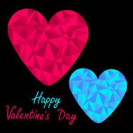 Blue and pink hearts Polygonal effect Black background Happy N2