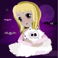 Cute cartoon blond anime girl with white cat N2