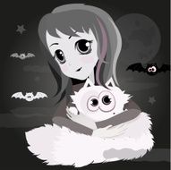 Cute cartoon anime girl with white cat N2