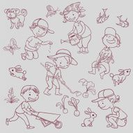 Children Gardening Objects Animals Birds Dog Bunnies N2