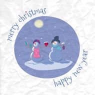 Christmas and New Year greeting card with snowmen couple