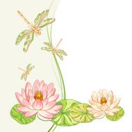 Watercolor label of lotus and dragonfly