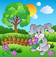 Meadow with bunny holding flower
