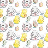 Seamless pattern - Easter eggs bunnies and chicks